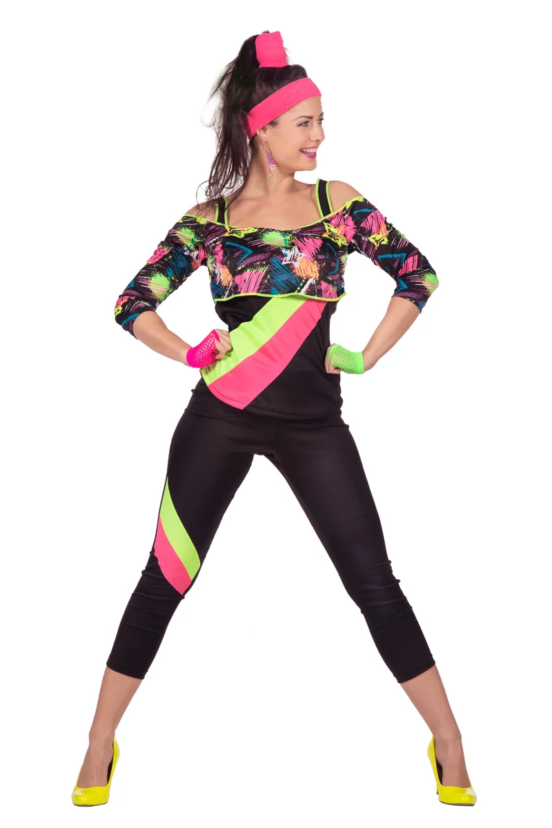 80er Jahre Aerobic Damenkostüm schwarz-neon