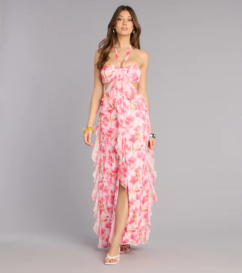 Double Take Floral Chiffon Ruffle Maxi Dress