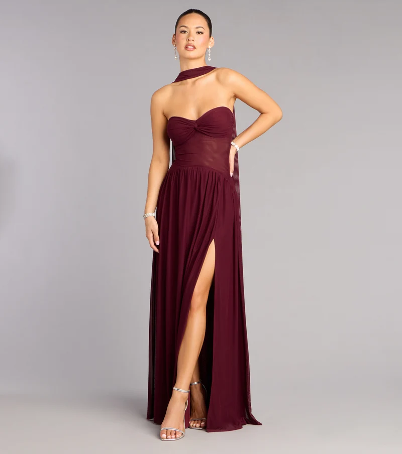 Rhea Mesh Strapless A-Line Dress With Scarf
