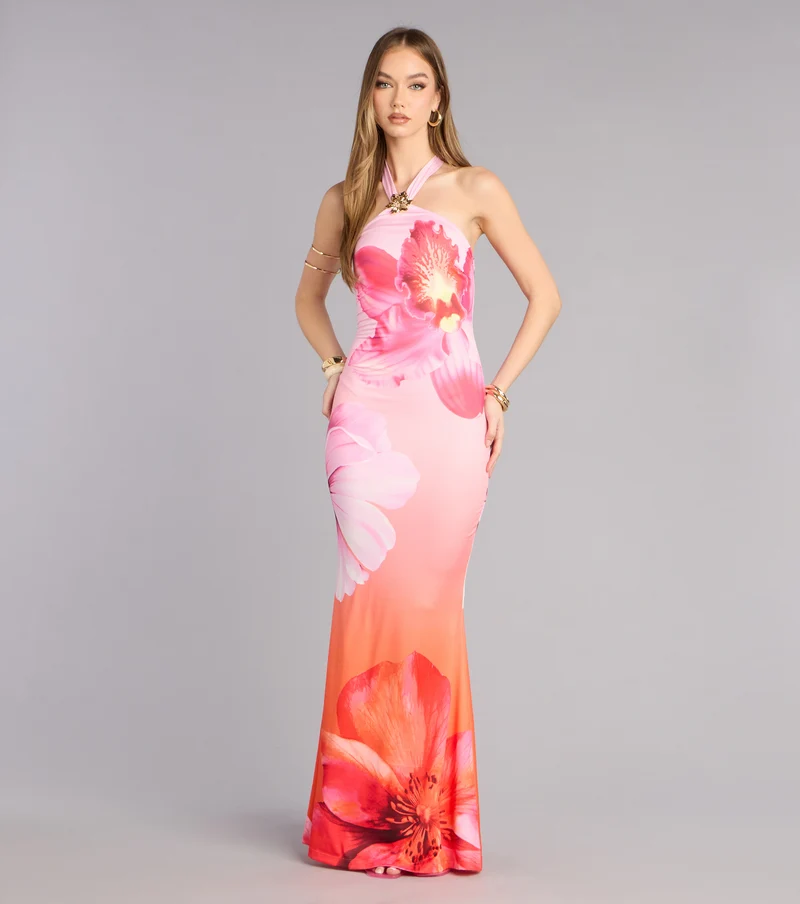 Bloom Agenda Floral Mesh Halter Maxi Dress