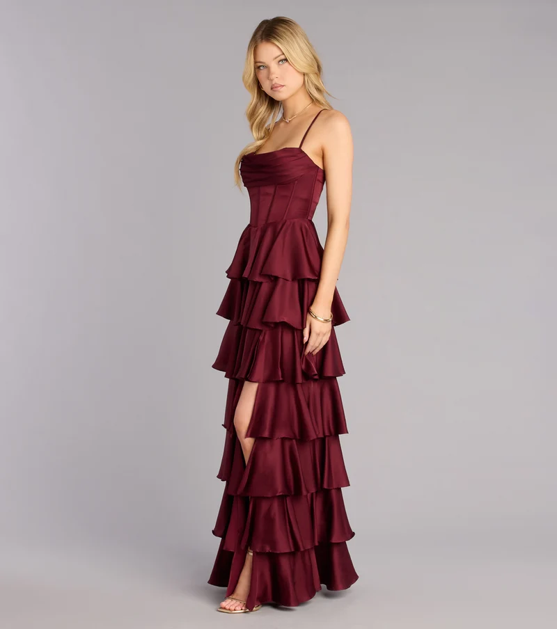 Rose Satin Ruffle A-Line Formal Dress