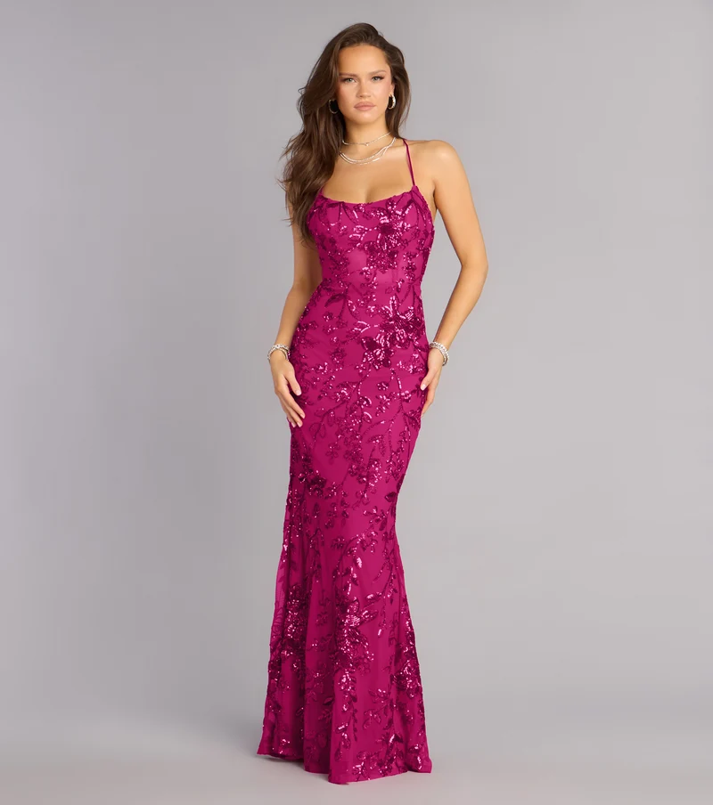 Kaelie Floral Sequin Open Back Mermaid Dress