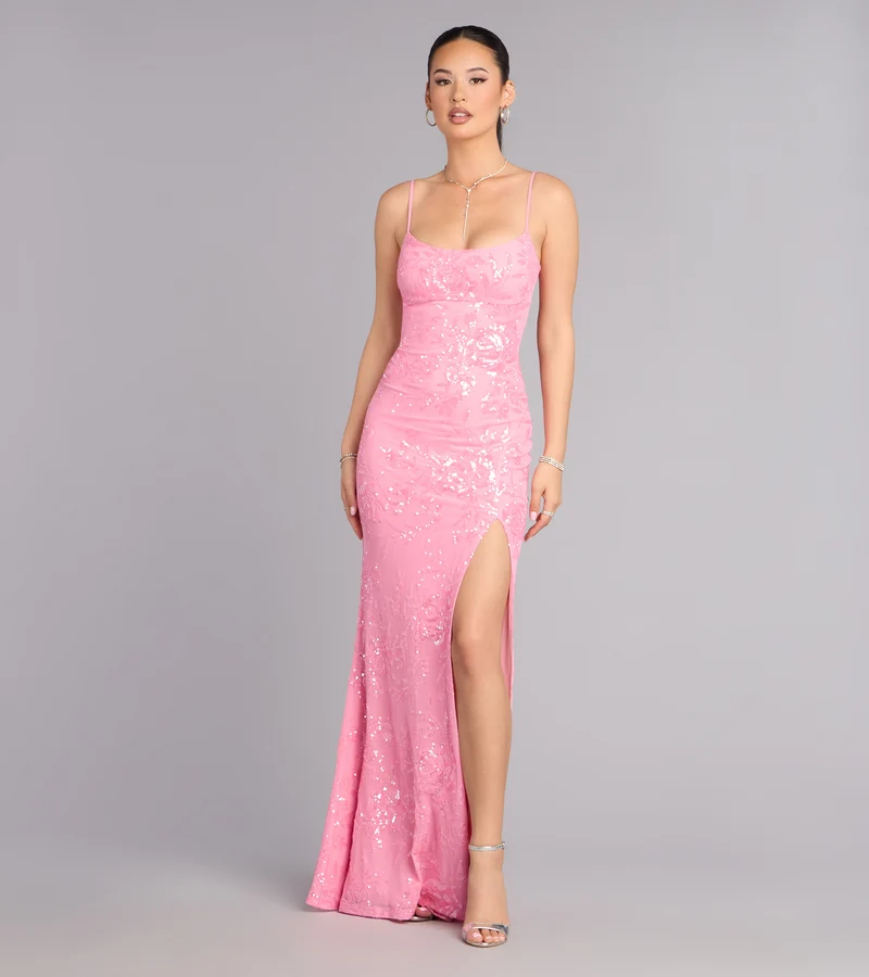 Lilyanna Floral Sequin Slit Formal Dress