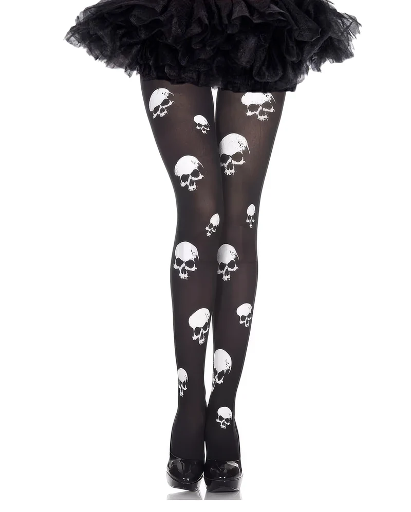 Schwarze Strumpfhose mit Spooky Skulls