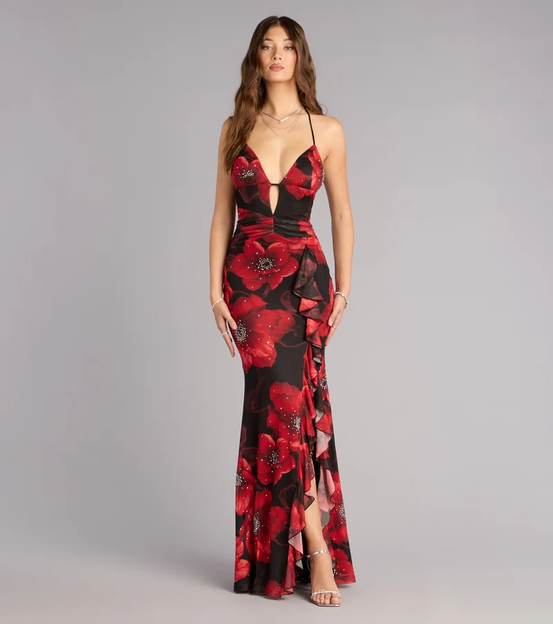 Christen Floral Rhinestone Mesh Formal Dress