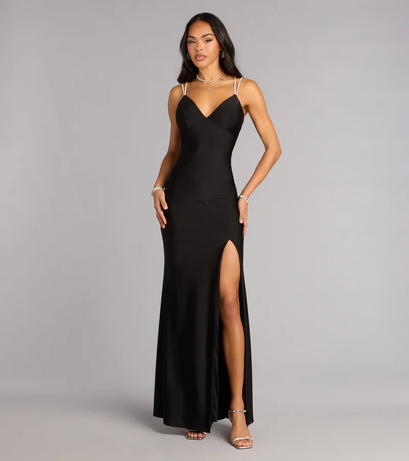Eve V-Neck Rhinestone Lace-Up Formal Dress