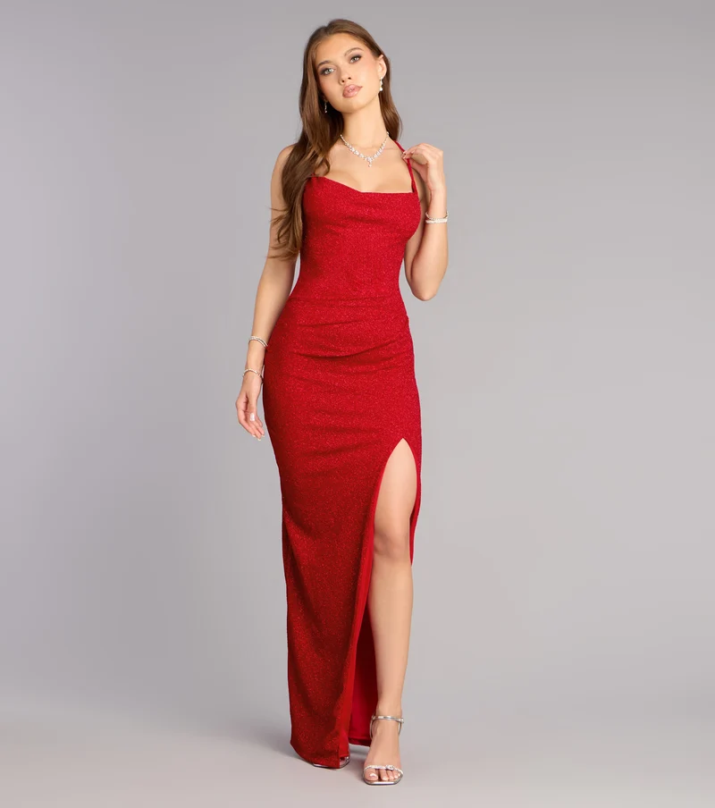 Eva Glitter Lace-Up Column Formal Dress
