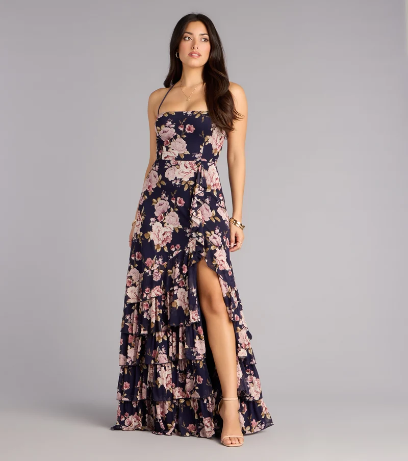 Brooke Floral A-Line Lace-Up Formal Dress