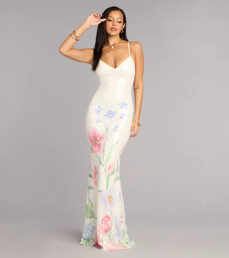 Melany Floral Sequin Lace-Up Formal Dress