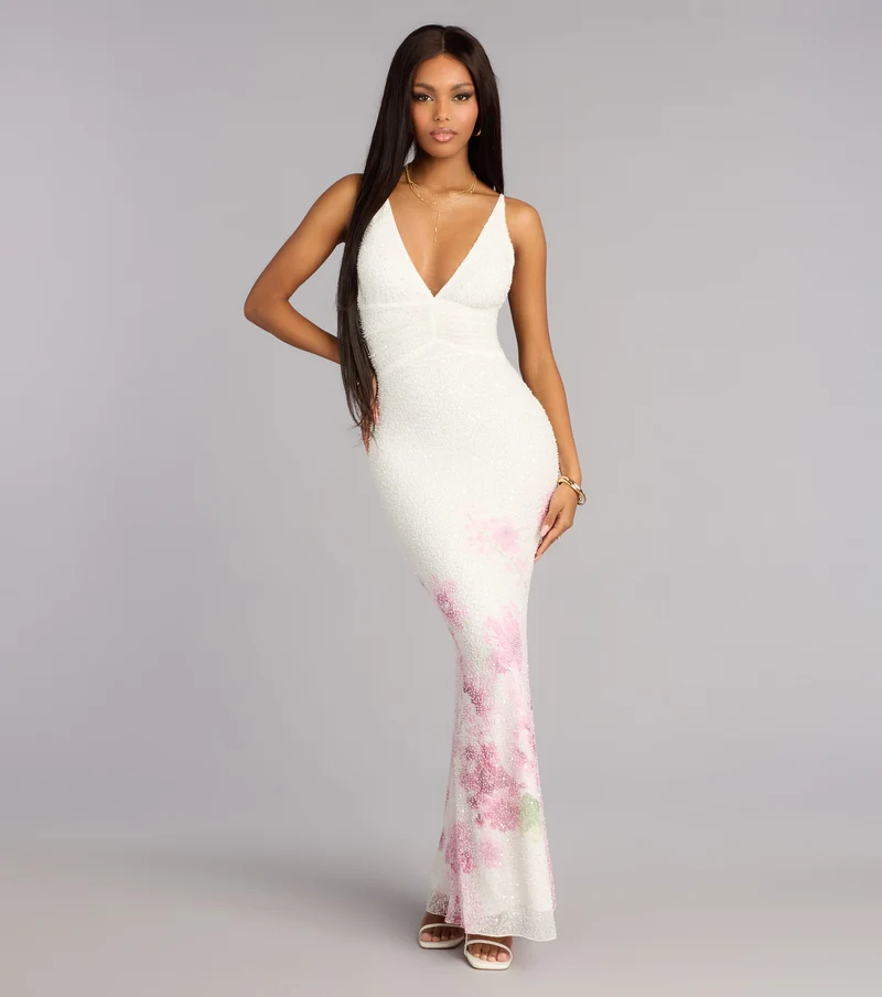 Margo Beaded Floral Print Mermaid Dress