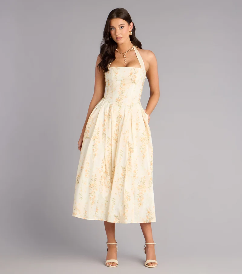 Petals And Plans Halter Lace-Up Midi Dress