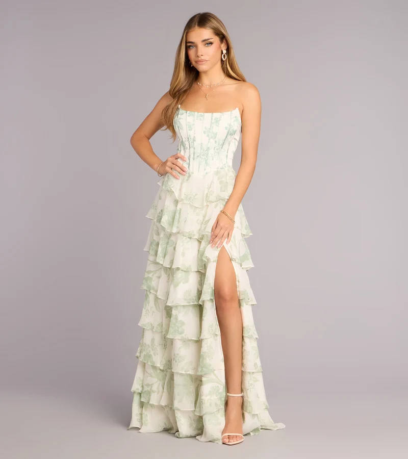 Lilyana Floral Chiffon Strapless Ruffle A-Line Dress
