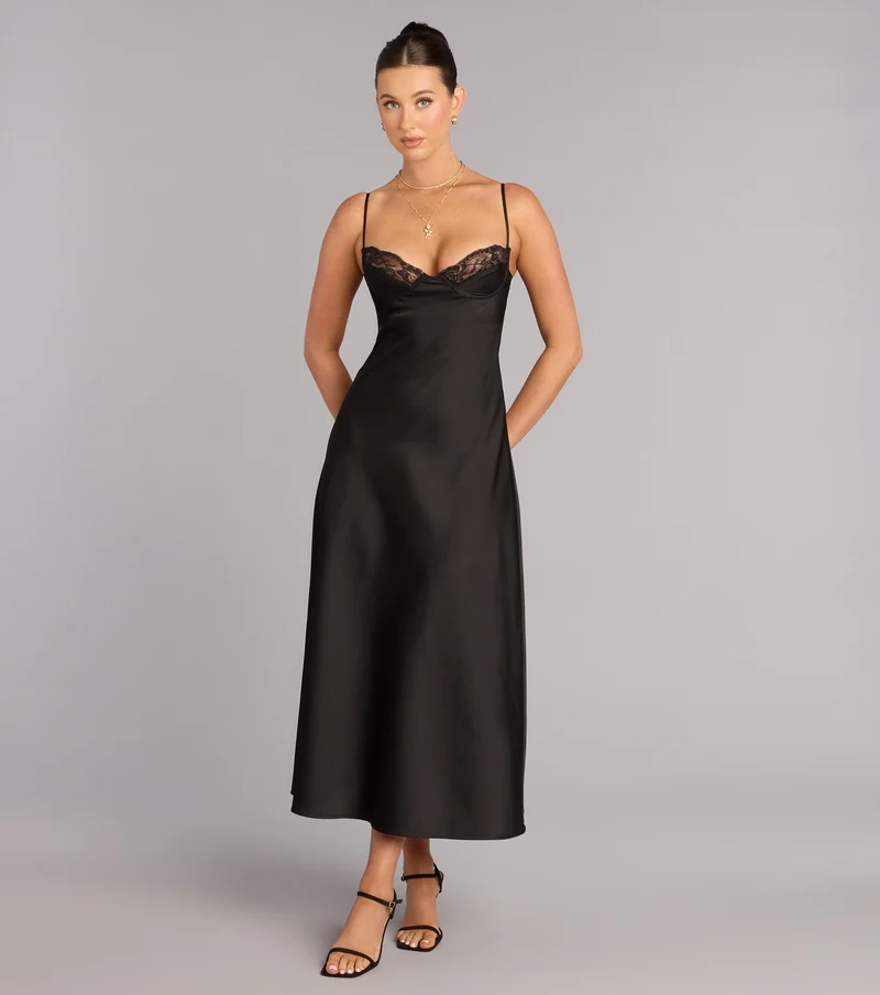 Whispered Elegance Lace Trim Satin Midi Dress