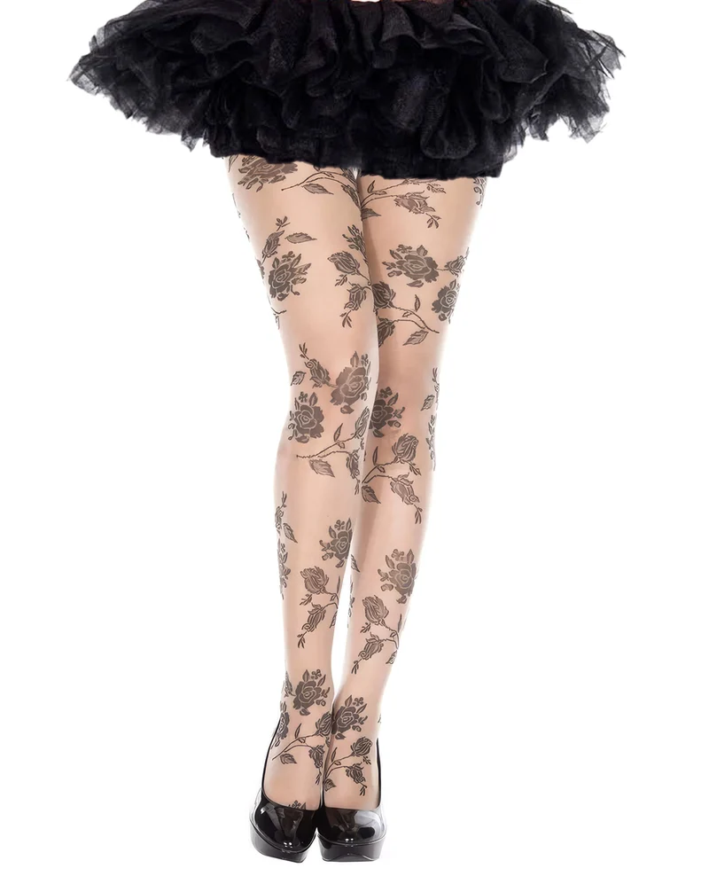 Beige Tattoo Strumpfhose mit schwarzen Rosen