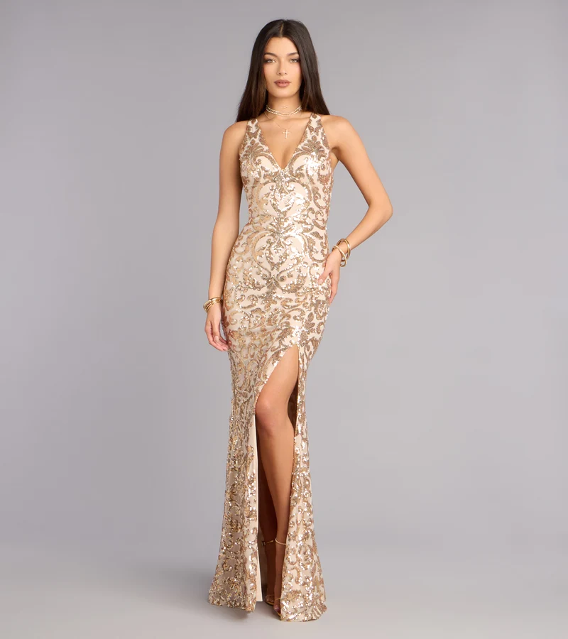 Emely Floral Sequin High Slit Mermaid Dress