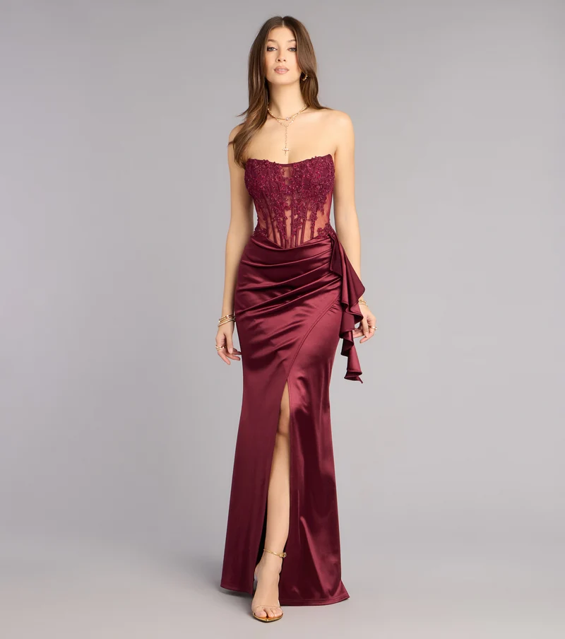 Sharon Floral Applique Satin Formal Dress
