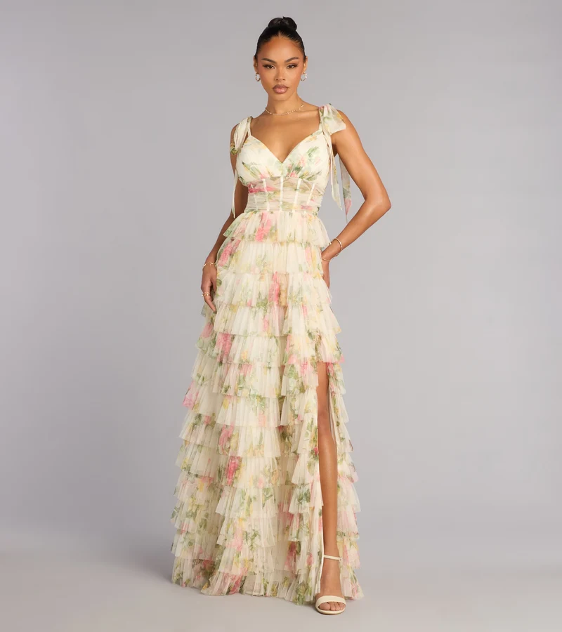 Malia Floral Ruffle A-Line Formal Dress