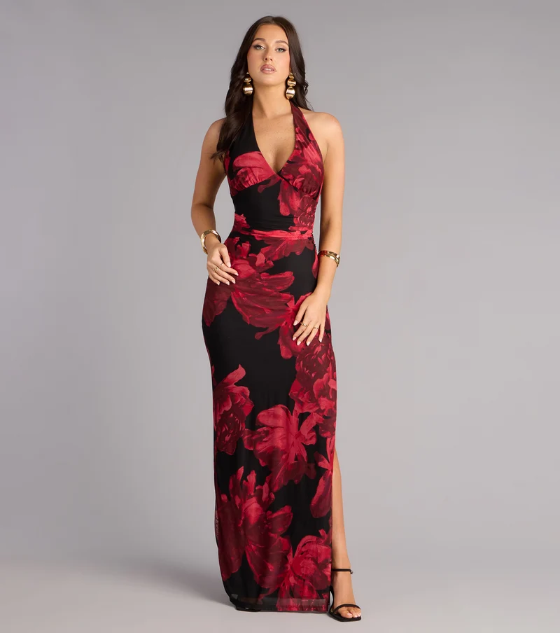 Parker Floral Mesh Slit Formal Dress