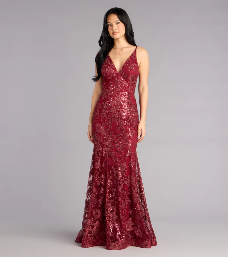Myra Glitter Sequin Floral Mesh Mermaid Dress