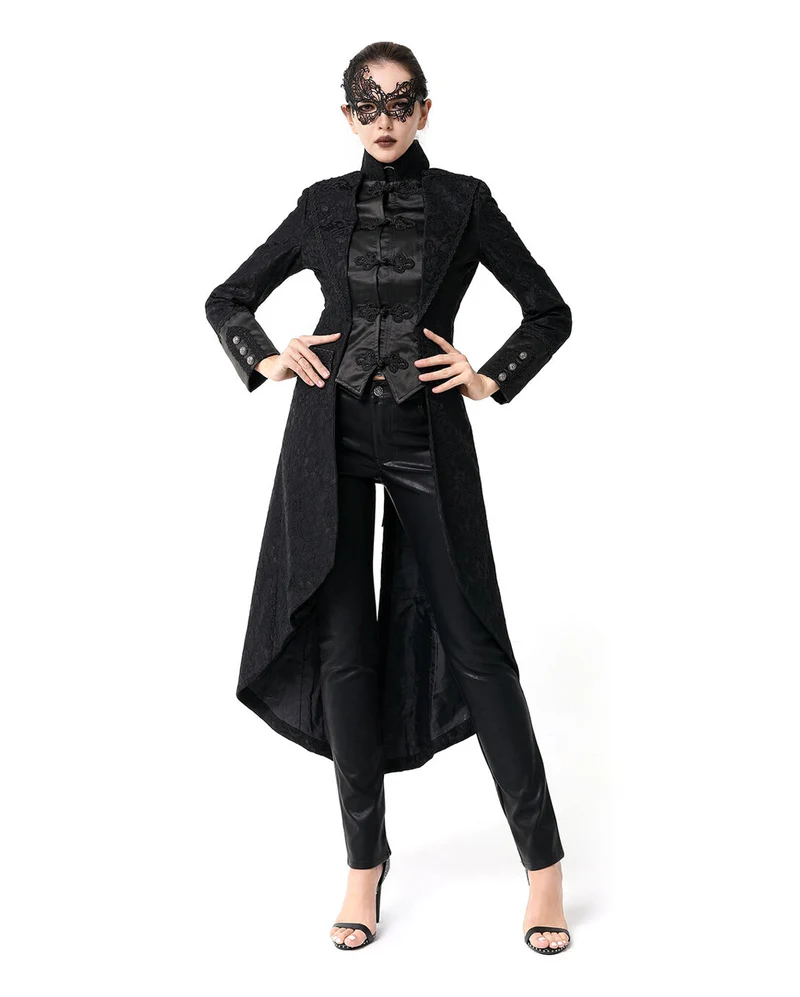 Schwarzer Gothic Damen-Langmantel mit Spitze