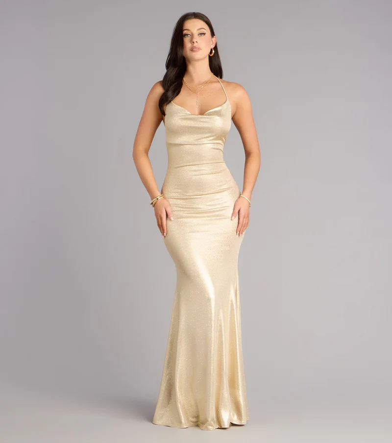 Teresa Metallic Rhinestone Open Back Formal Dress