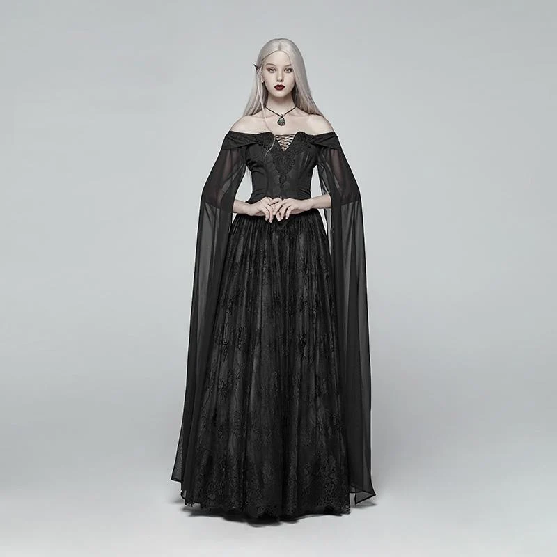 Damen Gothic schulterfreies mehrschichtiges Hexenkleid aus Spitze