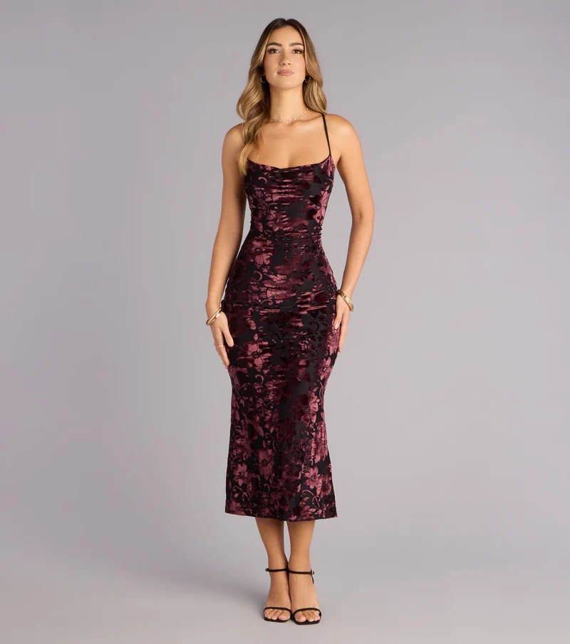 Floral After Dark Burnout Lace-Up Midi Dress
