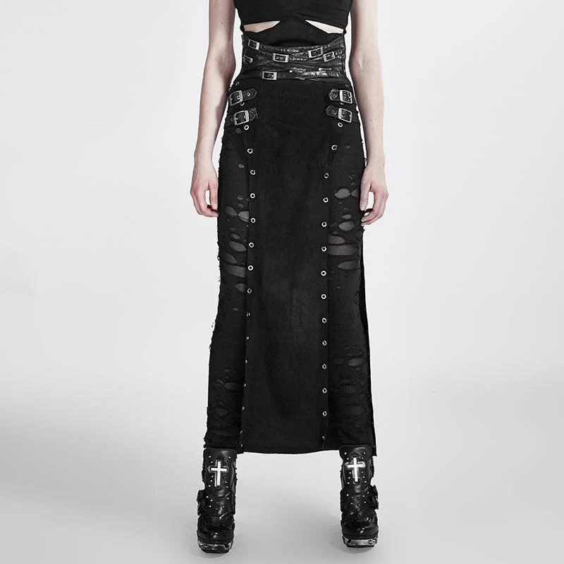 Frauen Steampunk Buckle Up Side Slit Maxirock
