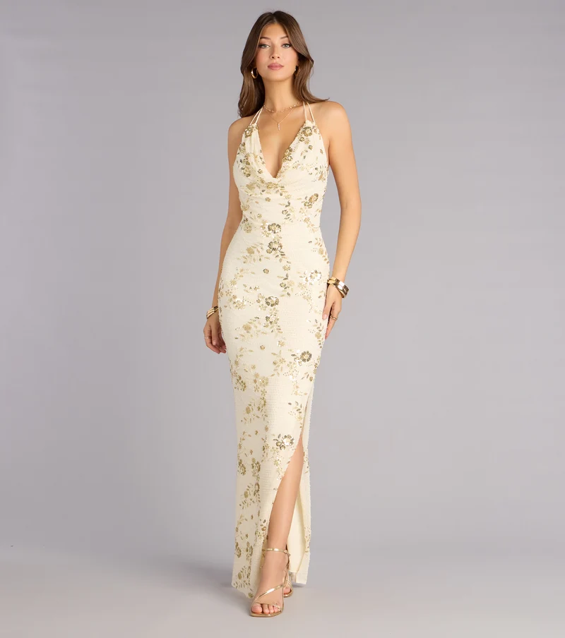 Maren Floral Sequin Mesh Halter Formal Dress