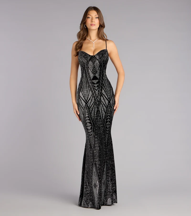 Barbra Glitter Velvet Lace-Up Formal Dress