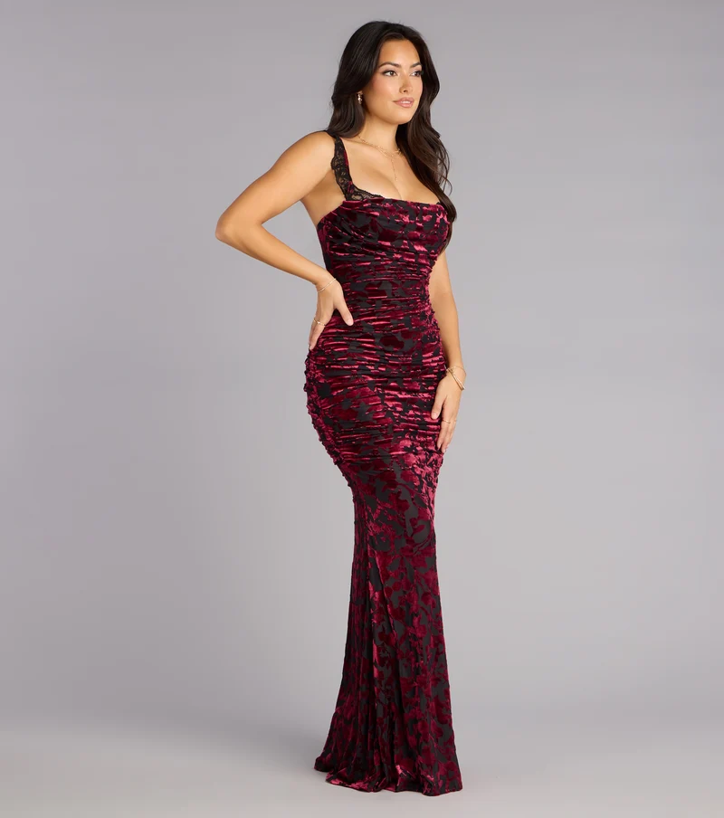 Clara Velvet Mesh Lace-Up Formal Dress