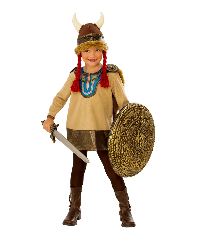 Kleine Vikingerin Kinder Kostüm mit Hörnerhelm