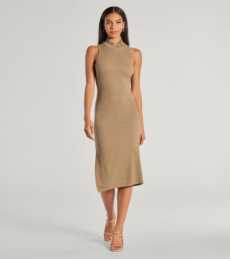 She's Stylish Mock Neck Cable Knit Midi Dress