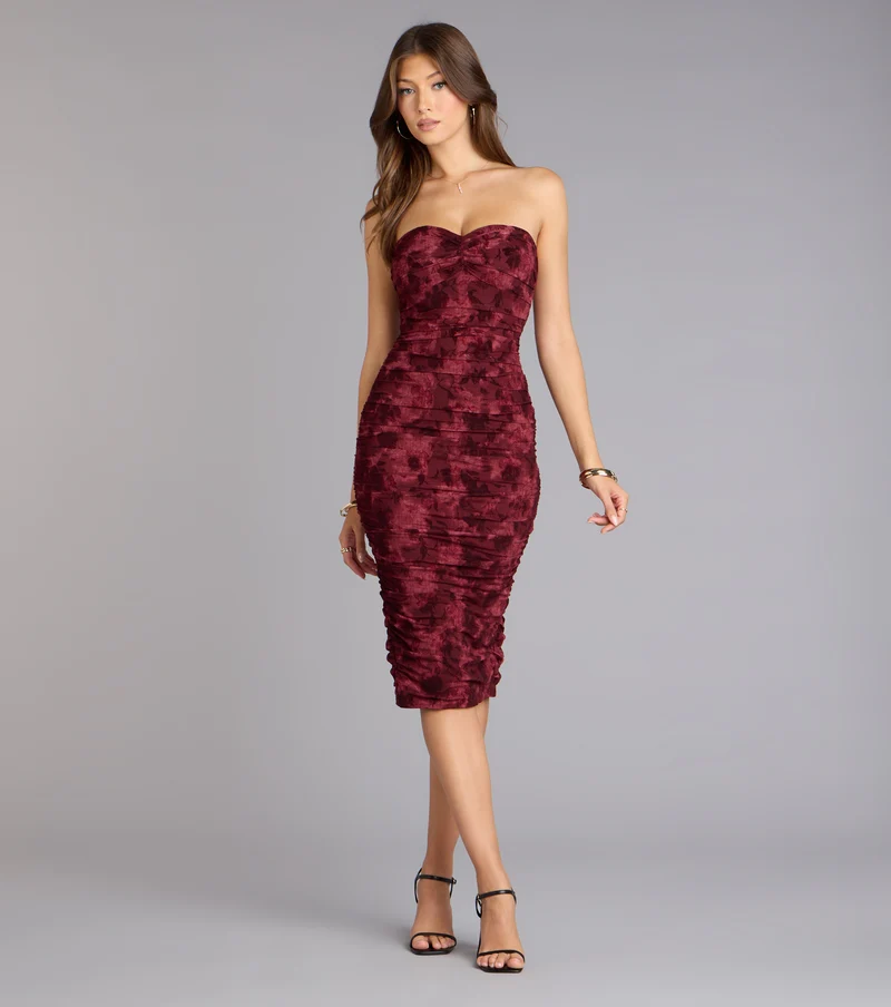 Velvet Bloom Flocked Floral Strapless Midi Dress