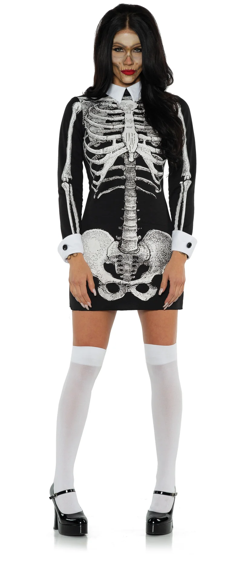 Langärmliges Skelett Minikleid mit Kragen
