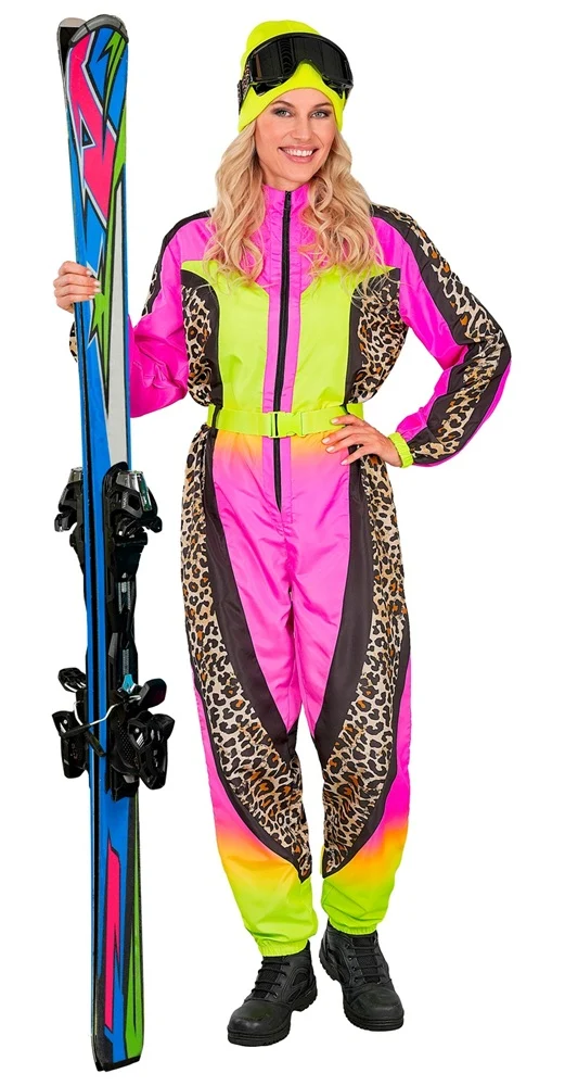Skifahrer Damenkostüm pink-gelb Leopardenmuster