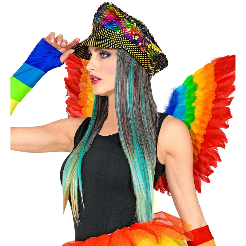 Regenbogen Paillettenmütze mit Haar