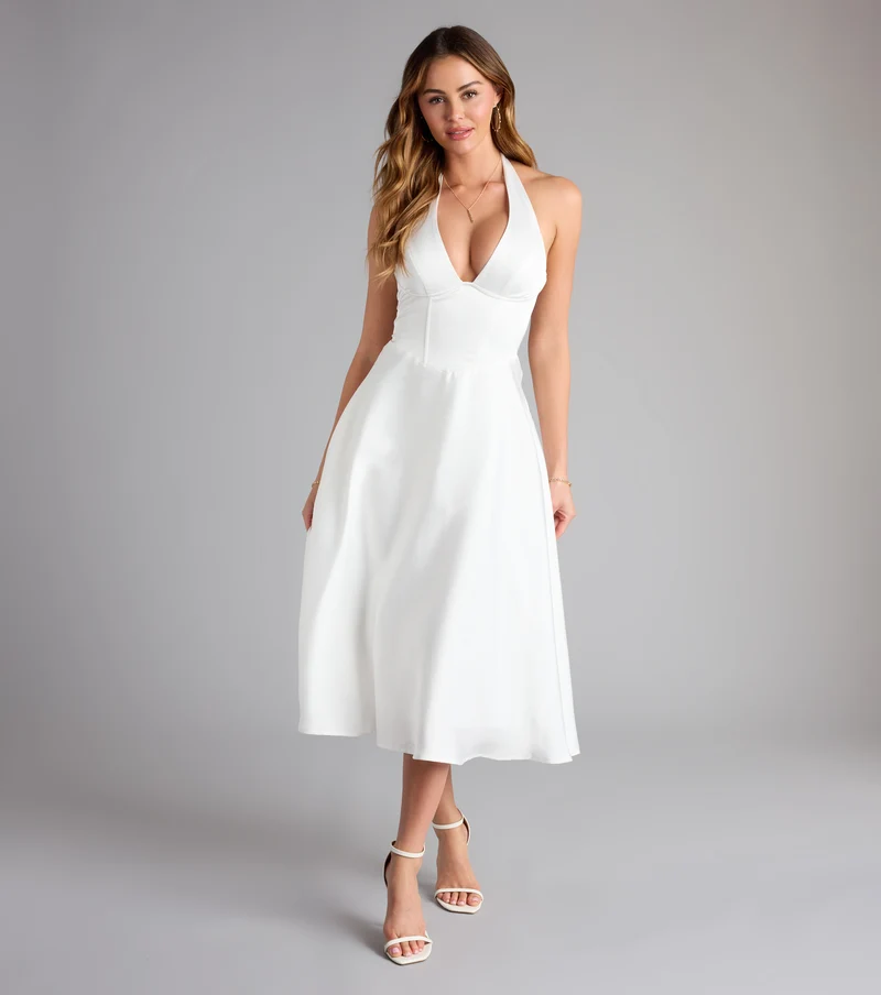 Love At First Twirl Halter Corset Satin Midi Dress