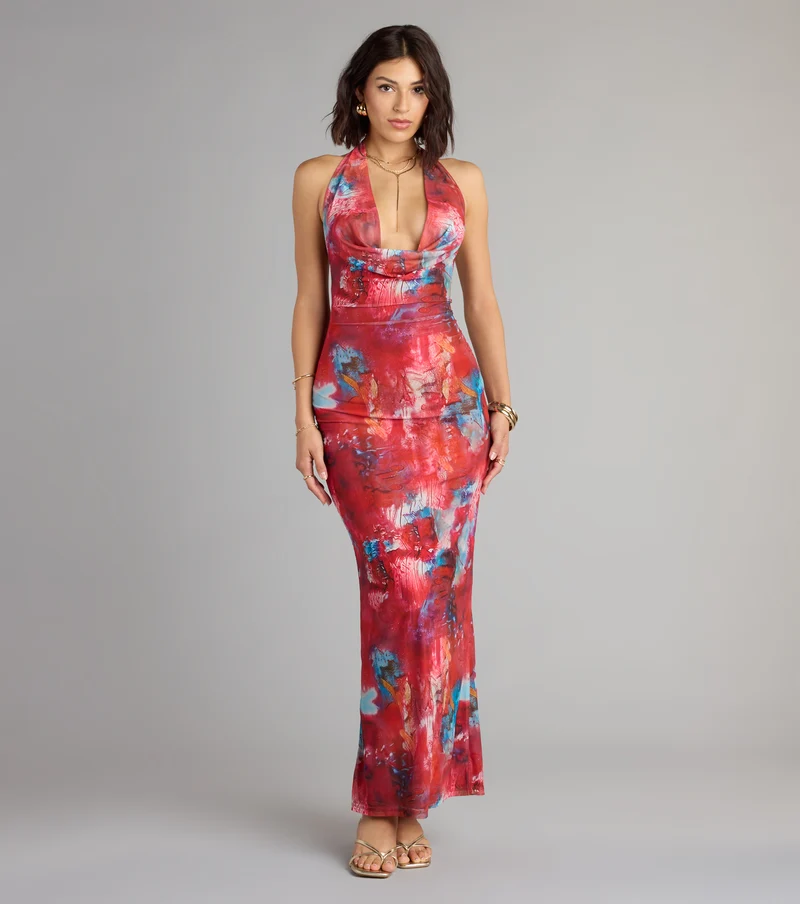 Boldly Chic Abstract Cowl Neck Maxi Dress