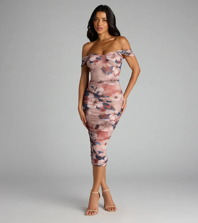Romance Rewritten Off Shoulder Floral Midi Dress