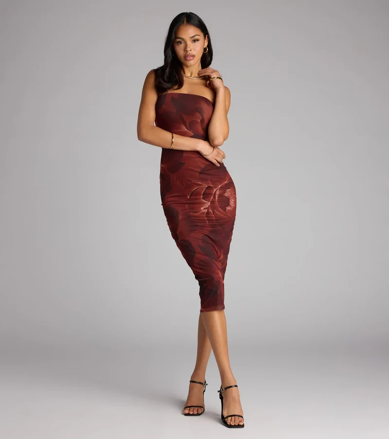 Chic Glimpse Floral Tube Midi Dress